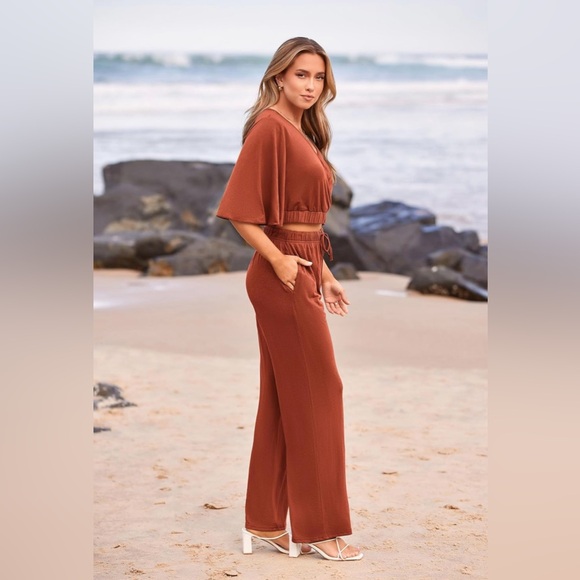 PRETTYGARDEN 2 Pc Outfit Short Sleeve Wrap V Neck Crop Tops Wide Leg Pants Set - Picture 6 of 12